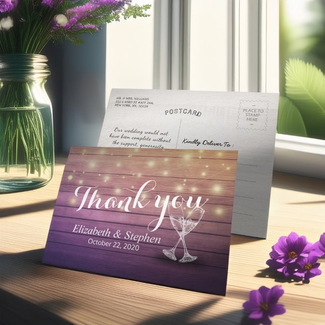 Bröllop Tack Champagne Glass Wood Ljus Vykort (Skapare uppladdad)