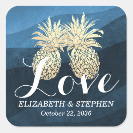 Bröllop Tack Chic Blå anananas Guld par par Fyrkantigt Klistermärke