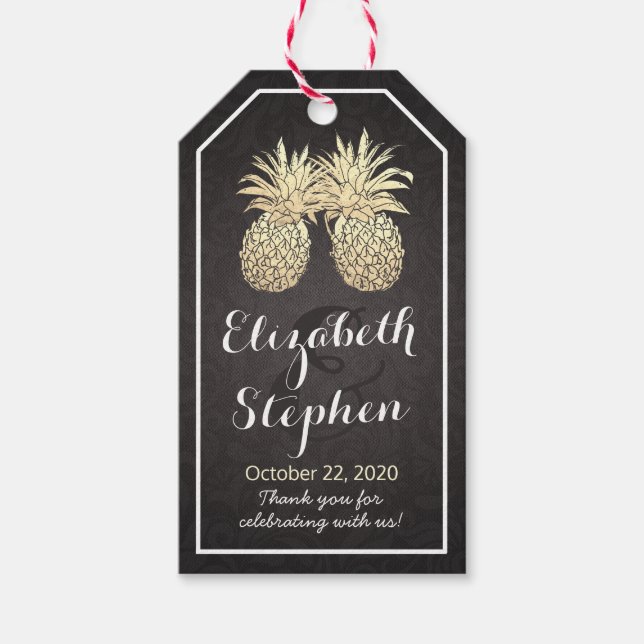 Bröllop Tack Chic Black Guld Ananas par par Presentetikett (Framsidan)