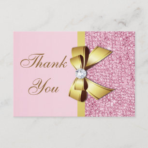 Bröllop Tack Faux Rosa Sequins Guld Bow Kort