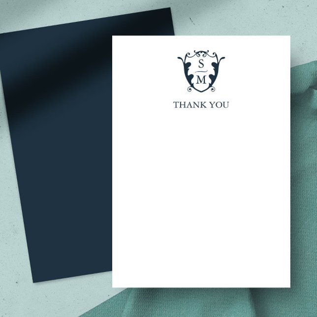 Bröllop - Tack för att du tar emot Vapenskölden Mo Kort (thank you card navy blue monogram crest)