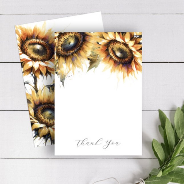 Bröllop - Tack för ditt kort Gult Solblommor (Thank you note cards feature watercolor sunflowers in shades of yellow on Do Tell A Belle)