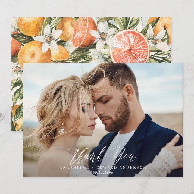 Bröllop tack för skriptfotot, citrus botaniskt kort (Fram/baksida)