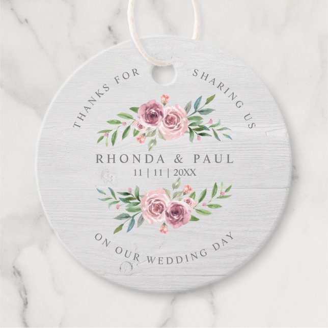 Bröllop Tack Guests Rosa Blommigt Garland Wood Gåvor Etiketter (Framsida)