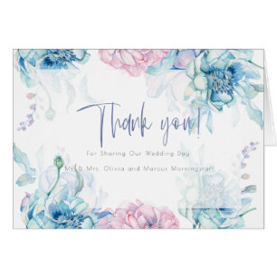 Bröllop Tack Himlar Blue Bubblegum Rosa Peonies OBS Kort