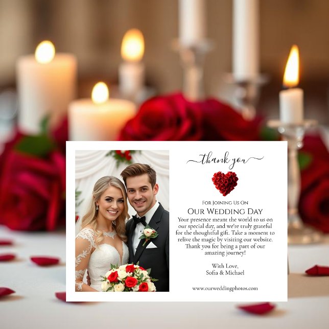 Bröllop Tack - Hjärtformade Röda Rosor Kort (Wedding Thank You- Heart Shaped Red Roses Thank You Card)