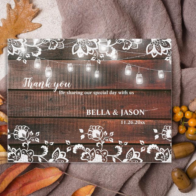 Bröllop tack kort med lantlig charm (Rustic Wood String Lights Wedding Thank You Card | Barn Lace Wood Rustic Chic Thank You)