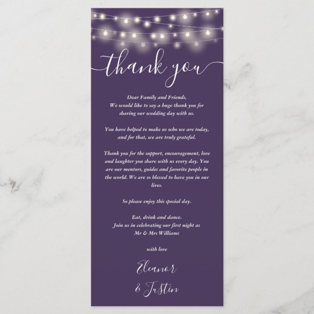 Bröllop Tack Ljus Lila Place Card Meny (Framsida)