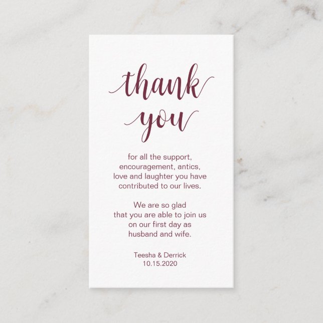 Bröllop Tack, Modern Burgundisk Skrift Tilläggskort (Framsida)