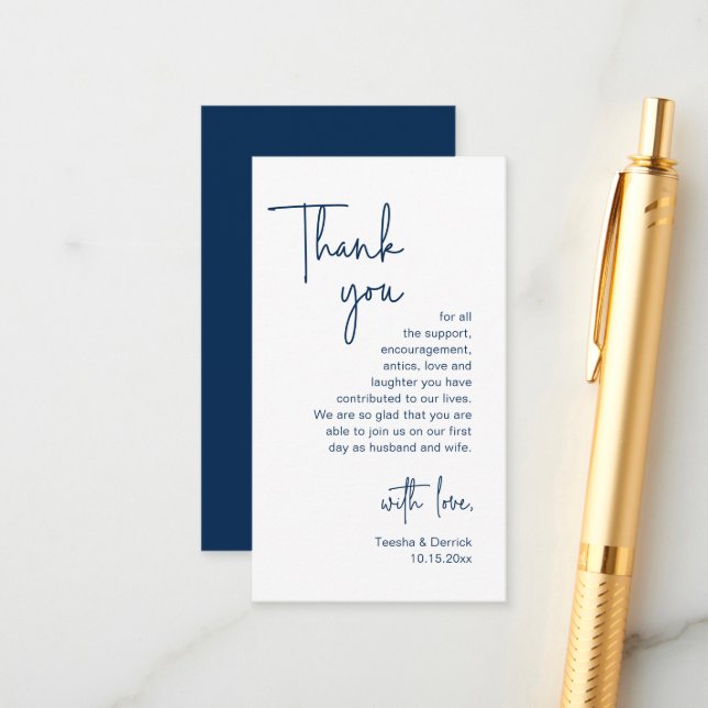 Bröllop Tack, Modern Navy Blue Script Tilläggskort (Fram/Back In Situ)