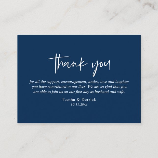 Bröllop Tack, Modern Simple Script Navy Blue Tilläggskort (Framsida)