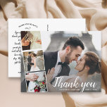 Bröllop Tack Photo Collage 5x7 vykort<br><div class="desc">Säg tack i stil med detta större "vykort" med fyra av dina bröllop-foton som accentueras med ett tittar skriptteckensnitt med chic, som är skrivet i handstil och som lyder "Tack" eller ändrar anpassningsbarnas text. Lägg till datum för namn och bröllop på framsidan och skriv in tackkort för anpassningsbar på baksidan....</div>
