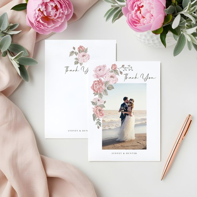 Bröllop Tack Photo Elegant Rosa Peony Blommigts Kort (Wedding Thank You Photo Elegant Pink Peony Florals)