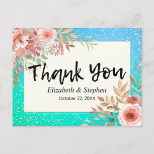 Bröllop Tack Rosa Flowers Teal Guld Confetti Vykort