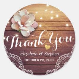 Bröllop Tack Rustic Wood Blommigt String Ljus Runt Klistermärke