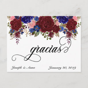 Bröllop Tack, spanska Gracias Navy Burgundy Vykort