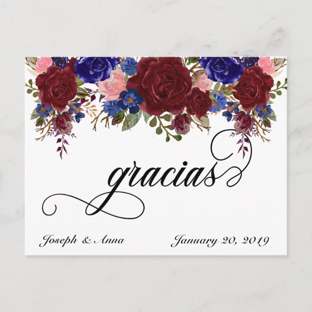 Bröllop Tack, spanska Gracias Navy Burgundy Vykort (Framsida)