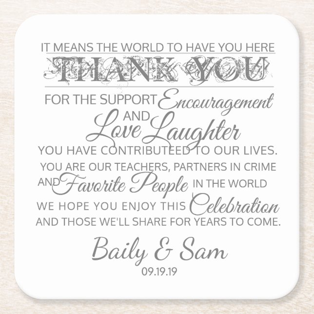 Bröllop Tack Underlägg Papper Kvadrat (Framsidan)