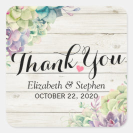Bröllop Tack Watercolor Succulent Rustic Wood Fyrkantigt Klistermärke