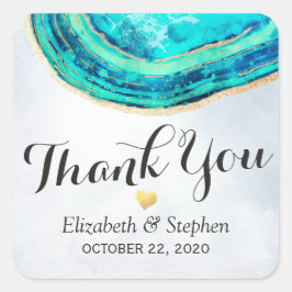 Bröllop Tack Watercolor Teal Guld Agate Geode Fyrkantigt Klistermärke