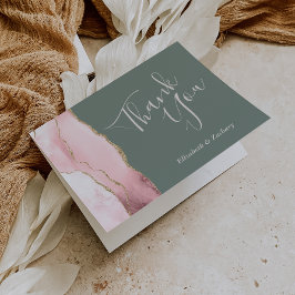 Bröllop tackkort Blush Agate Guld Djup Salvia Grön Kort
