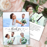 Bröllop tackkort för budgetskript Photo - Elegant<br><div class="desc">Budget Modern Elegant Script 3 Photo Collage Bröllop Tack är ett prisvärt tunt kort med låg budget. Snyggt bröllop tackar dig för en mall med tre foto på framsidan med "Tack" text i ett handskrivet calligrafi eller ett typsnitt i svan i dekortecken i svartvitt. Litet kärlek-hjärtmotiv mellan namn.På motsatt sida...</div>