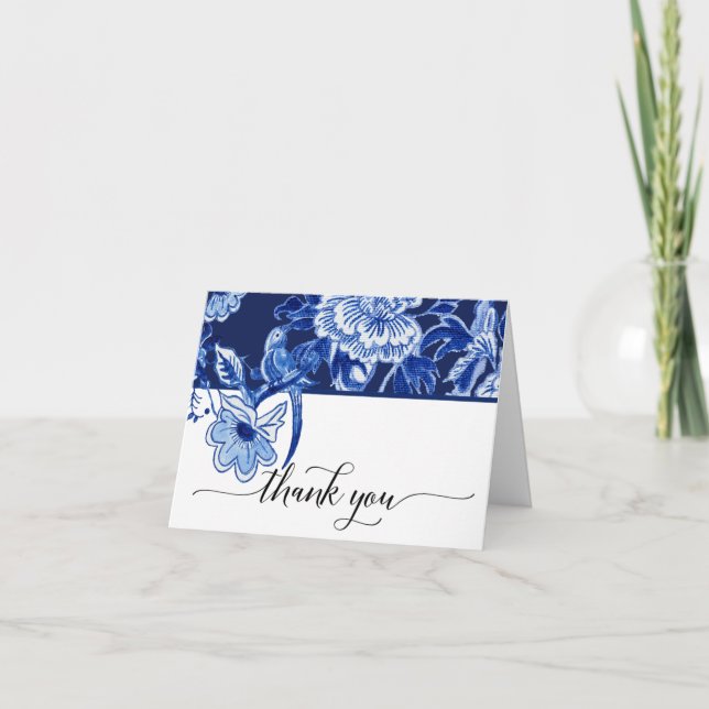 Bröllop tackkort Marin Fågel Blommig Chinoiserie (Framsida)