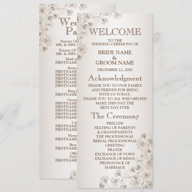 Bröllop Tan Blommig Hjärtmönster Beige Elegant Program (Fram/baksida)