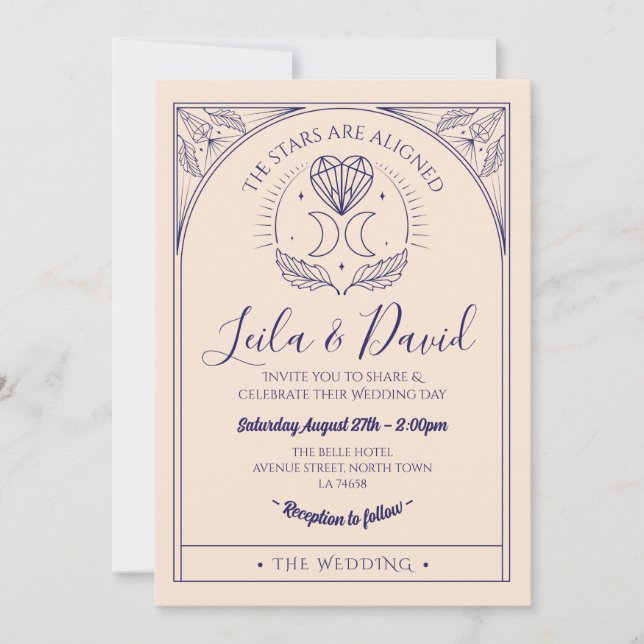 Bröllop Tarot Måne Hjärtar under inbjudan (Framsida)