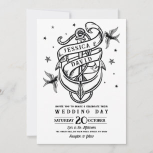 Bröllop Tattoo Traditional Sten Anchor Doves Inbjudningar