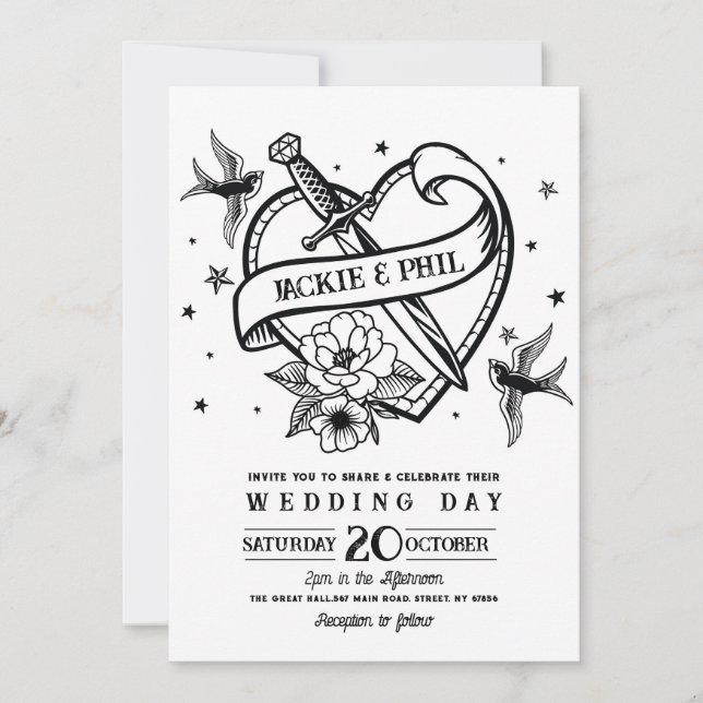 Bröllop Tattoo Traditional Sten Heart Doves Inbjudningar (Framsida)