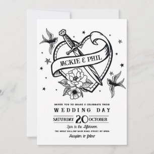 Bröllop Tattoo Traditional Sten Heart Doves Inbjudningar