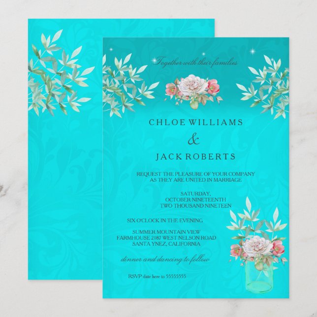 Bröllop Teal Blommigt Mason Burk Rosa Vit ros Inbjudningar (Fram/baksida)