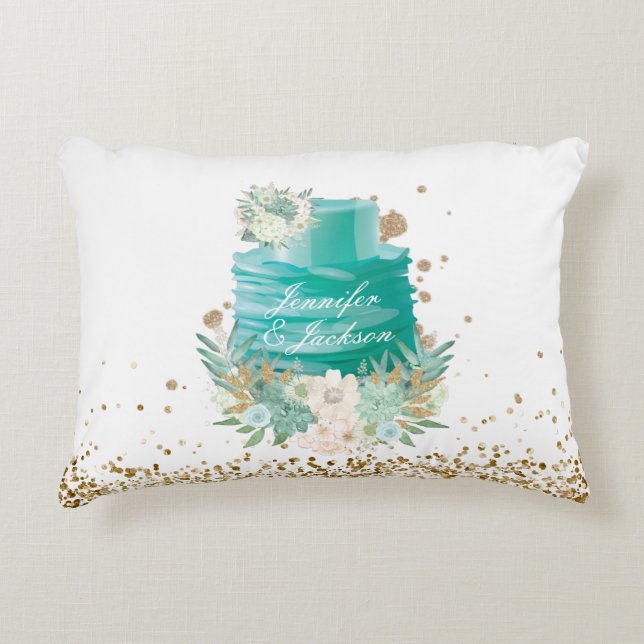 Bröllop teal white faux golden custom name prydnadskudde (Framsidan)