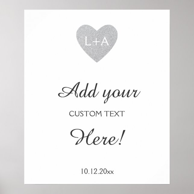 Bröllop-tecken anpassningsbar, silver glitter hjär poster (Framsidan)