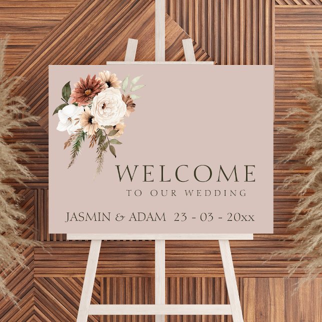 Bröllop-tecken för Rustic Dusty Rosa and Grönt Blo Poster (Rustic Dusty Pink and Green Floral Wedding Welcome Sign)