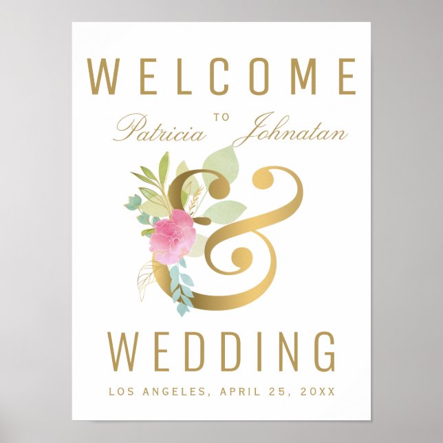 bröllop-tecknet för rosa ros-faux-guld-ampersand poster (Framsidan)