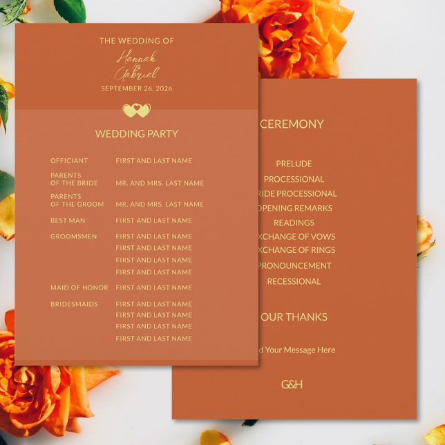 Bröllop Terracotta Guld Flat Program (Wedding Terracotta Gold Flat Program (front and back))