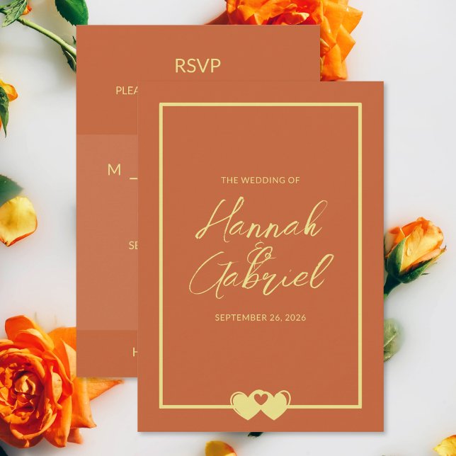 Bröllop Terracotta Guld OSA Meal Choal Card Kort (The front and back of the Terracotta Gold Wedding RSVP Meal Choice card)