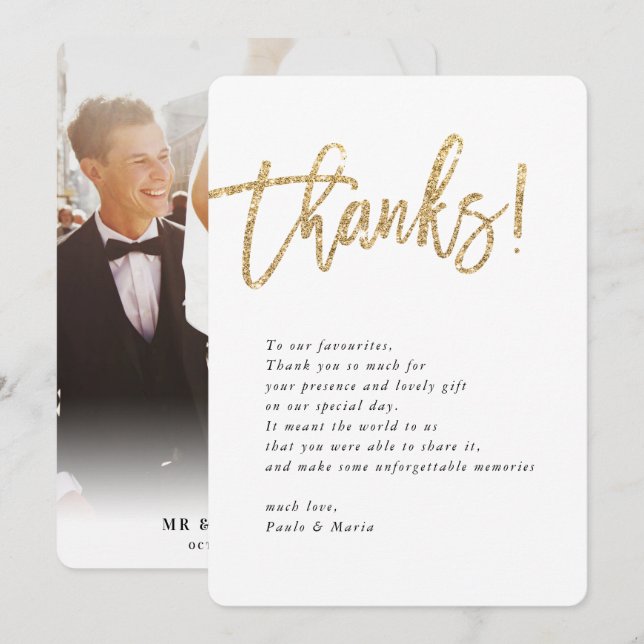 BRÖLLOP THANKS-foto guld glitter modernt meddeland Inbjudningar (Fram/baksida)