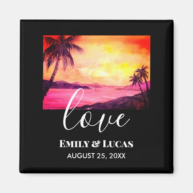 Bröllop Theme Tropical Beach Sunset Watercolor Magnet (Framsidan)
