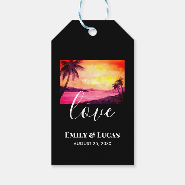 Bröllop Theme Tropical Beach Sunset Watercolor Presentetikett (Framsidan)