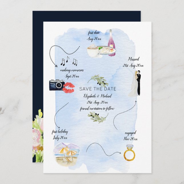 Bröllop - tidslinje för hur vi träffades Spara dat Inbjudningar (Fram/baksida)