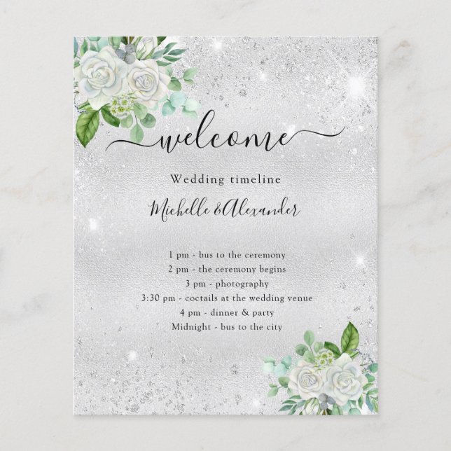 Bröllop-tidslinjeprogrammet silver blommigt greene flygblad (Framsidan)
