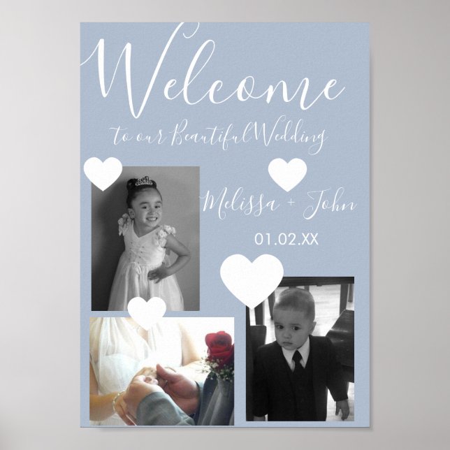 Bröllop Tre Foto Collage Script och Hjärtan Post Poster (Framsidan)