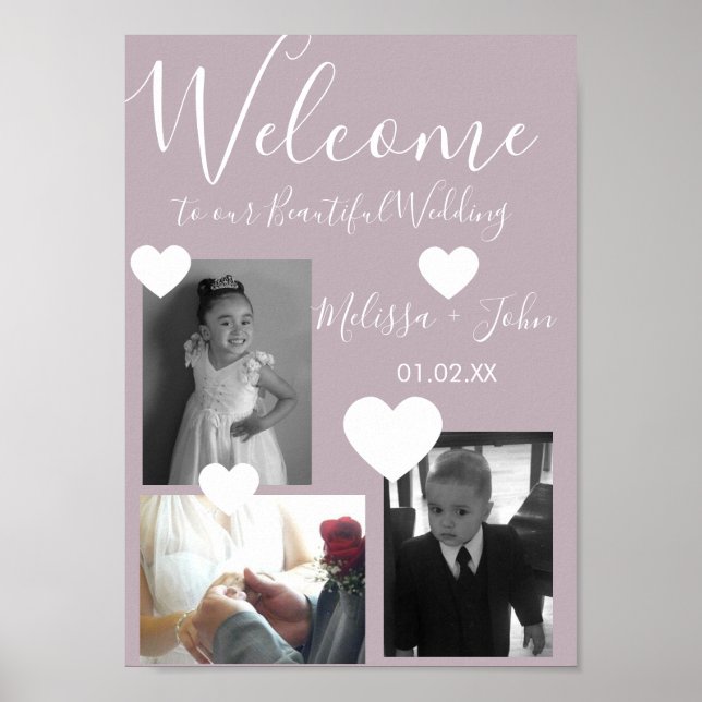 Bröllop Tre Foto Collage Script och Hjärtan Poster (Framsidan)