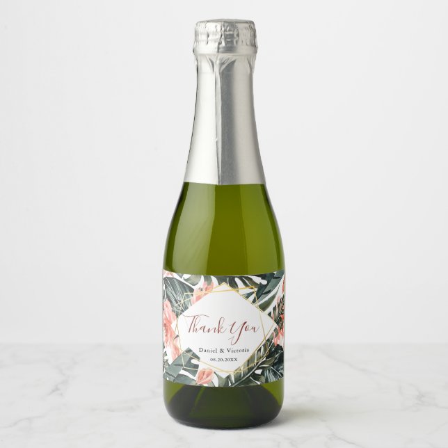 Bröllop Tropical Guld Mini Sparkling Vin Flaska (Framsida)