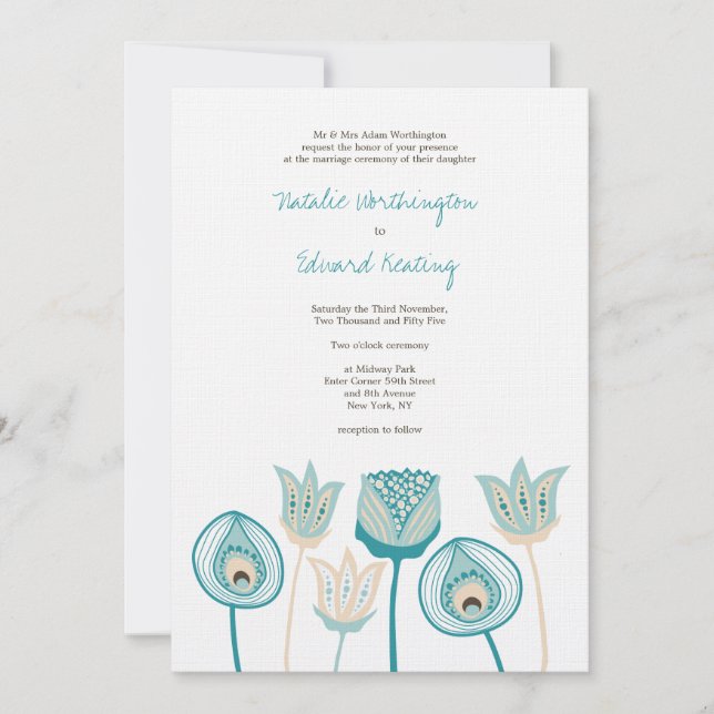 Bröllop Turquise Blue Ivory Funky Flowers Inbjudningar (Framsida)