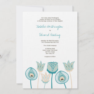 Bröllop Turquise Blue Ivory Funky Flowers Inbjudningar