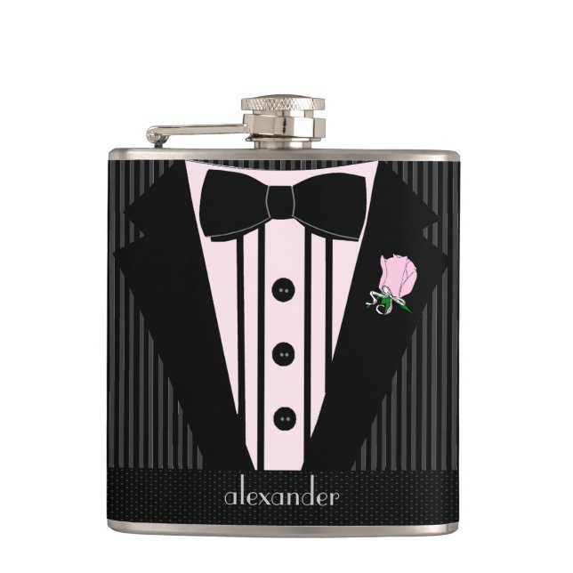 Bröllop Tuxedo-Rosa och Grått-groomer Fickplunta (Framsidan)